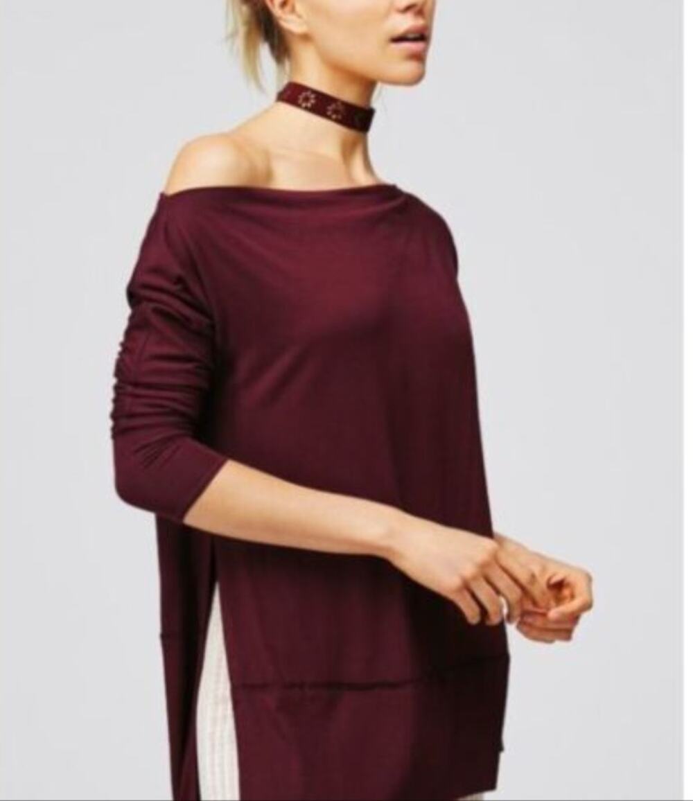 Free People We The Free Burgundy Long Sleeve Side Split Hem Luna Tee Size M